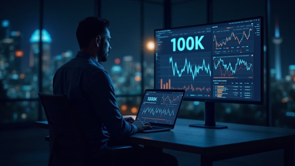 Realistic crypto newsroom header showing trader silhouette, BTC 100k ticker, market charts, and Ethereum bullish momentum.