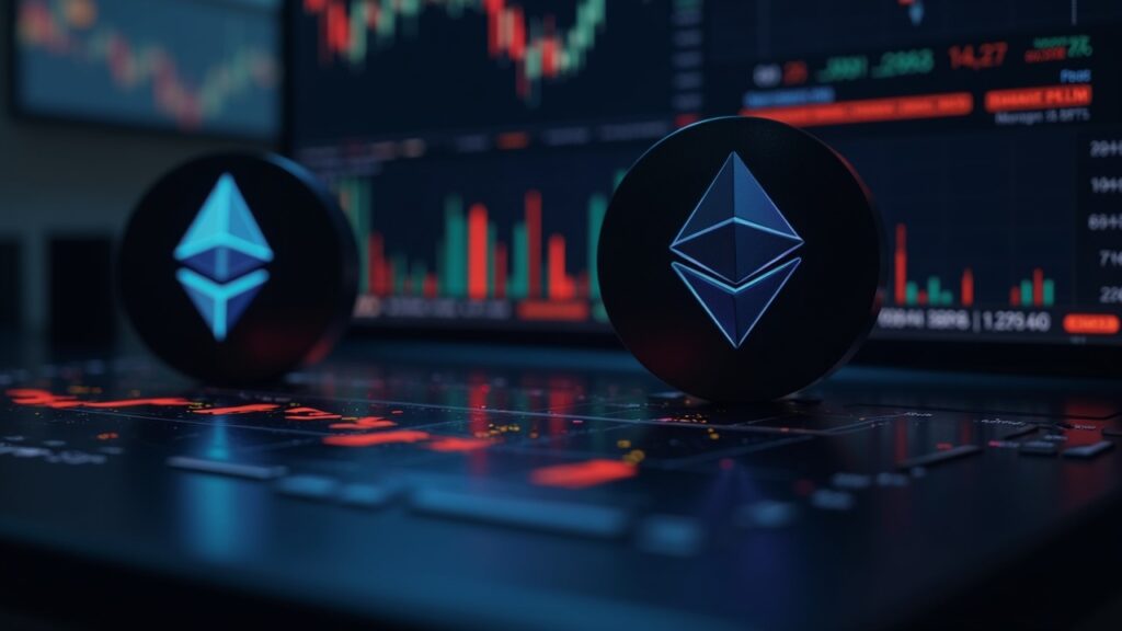 Fotorrealistic crypto trading desk with BTC and ETH logos, glowing option charts, max-pain lines, and volatility dashboard.