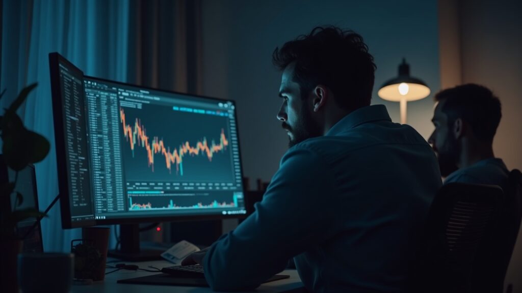 Photorealistic trader in a modern office monitors Bitcoin futures open interest split between CME and Binance with charts.