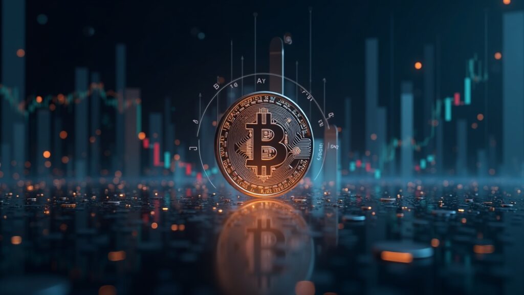 Photorealistic Bitcoin symbol centered with 86k-87k ticker, 95k glass ceiling, ETF outflow bars in a high-tech newsroom.