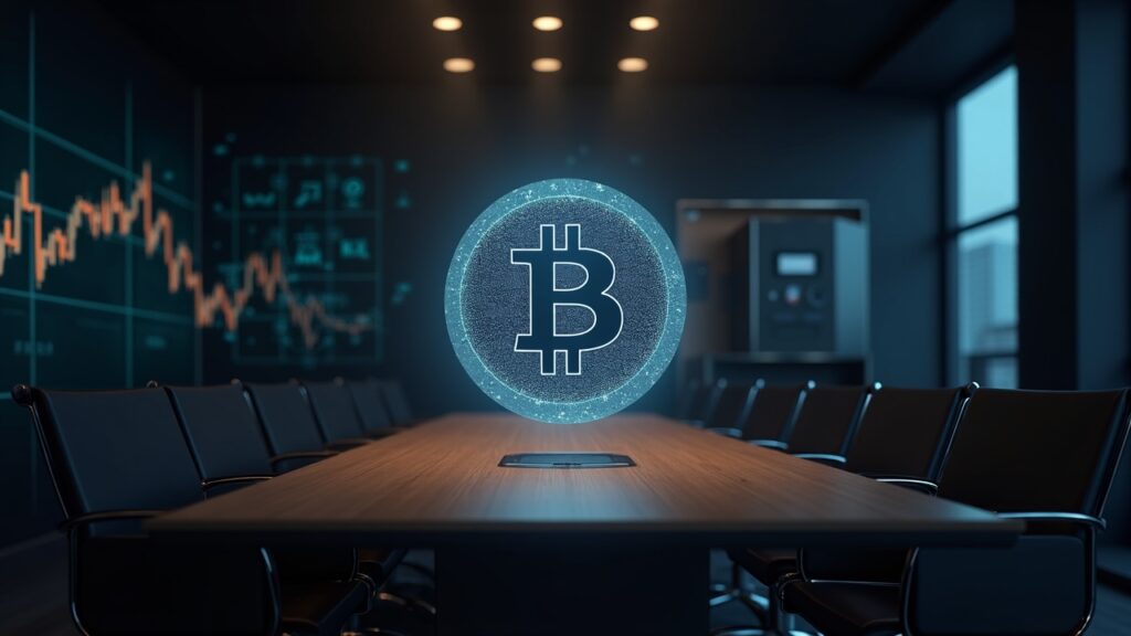 Photorealistic boardroom with a BTC hologram, secure cash vault, and subtle blockchain backdrop signaling liquidity reserve.