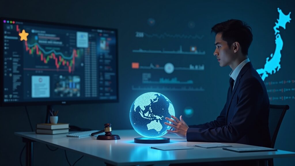 Photorealistic header with analyst at a sleek desk, holographic globe, dimmed Japan, 2026 countdown, and regulatory icons.