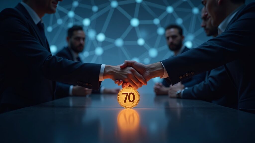 Photorealistic boardroom scene: Cardano leaders around a glowing 70M ADA token; blockchain expands in the background
