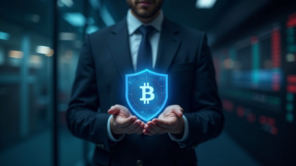 CFTC treasury reform and digital-assets pilot open regulated paths Realistic image of a corporate treasurer in a sharp suit holding a holographic BTC ETH USDC shield on a sleek, regulated trading floor.