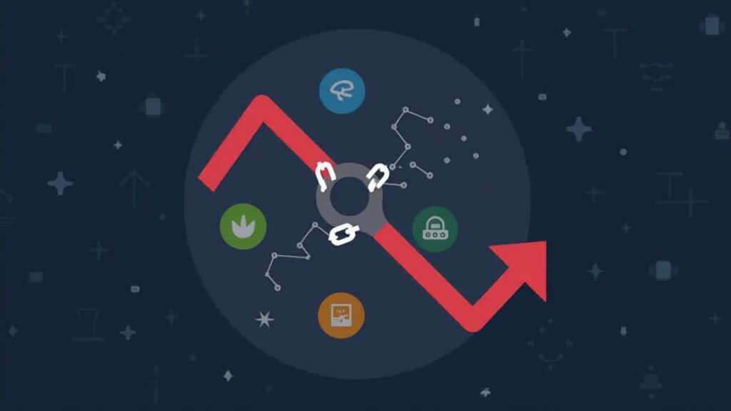 Chainlink logo with a red down arrow breaking key support around 12-13, ETF icons in the background.