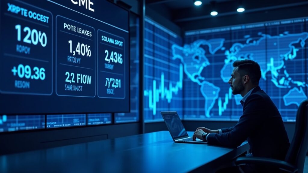 Analyst monitors XRP and Solana spot quotes on a large screen beside the CME logo in a blue-toned newsroom