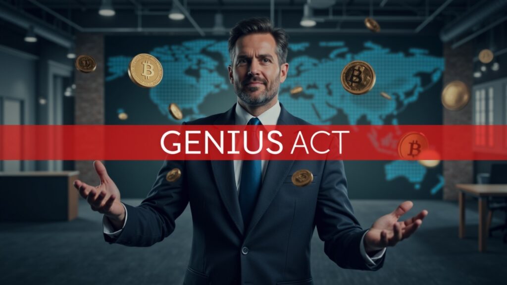 Firm CEO in a modern newsroom with orbiting digital coins and a red GENIUS Act bar illustrating stablecoin regulation clash
