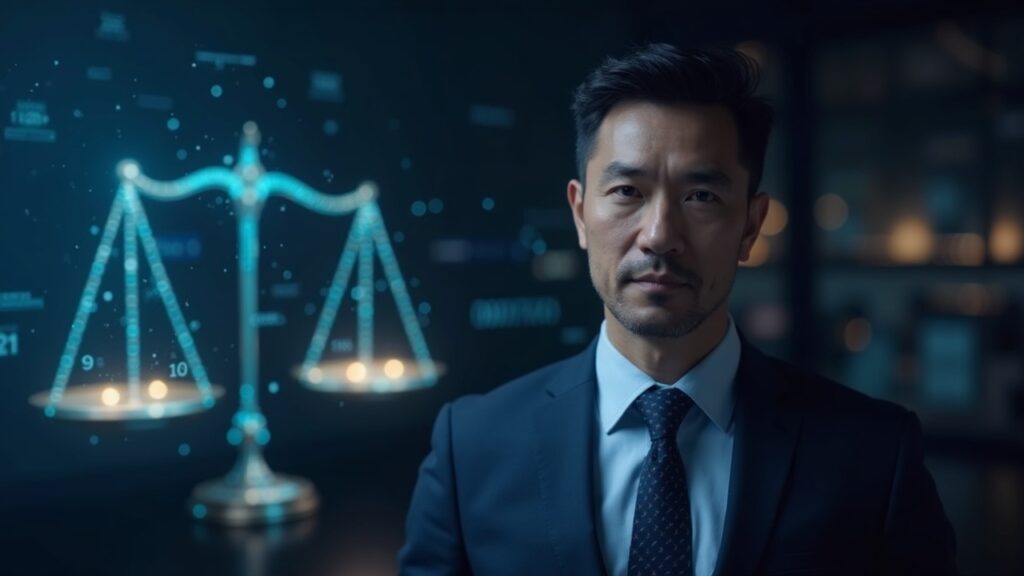 Photorealistic Coinbase executive at center overseeing an on-chain prediction markets network with regulatory scales nearby