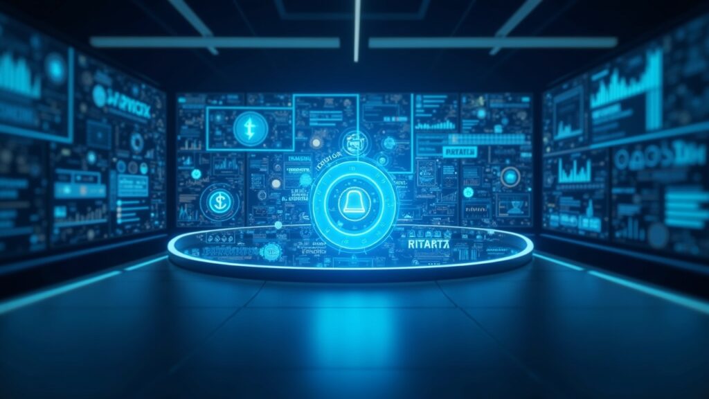 Coinbase Reportedly Unveiling New Prediction Markets and Tokenized Stocks Next Wednesday Futuristic newsroom with a holographic dashboard displaying tokenized stocks and prediction contracts in cool blue lighting.