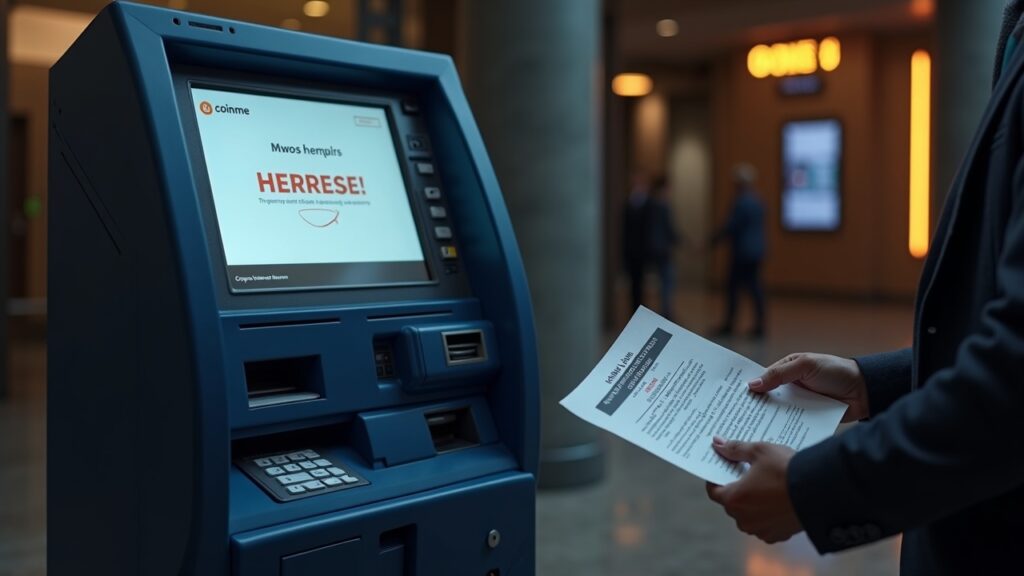 Coinme Bitcoin ATM in a bank lobby with halted screen and regulatory documents, reflecting crypto regulation impact.