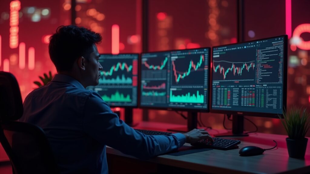 Photorealistic trading desk with an analyst monitoring crypto tickers and BTC/ETH charts against a red market backdrop.