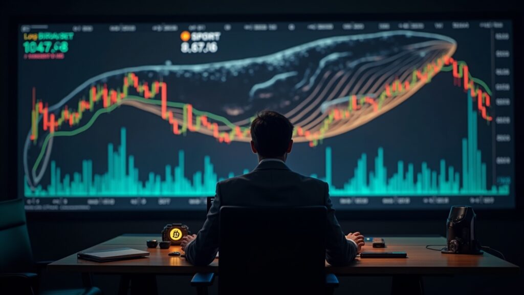 Photorealistic trader in a modern office with a giant whale watermark over BTC and ETH charts showing long and short bets