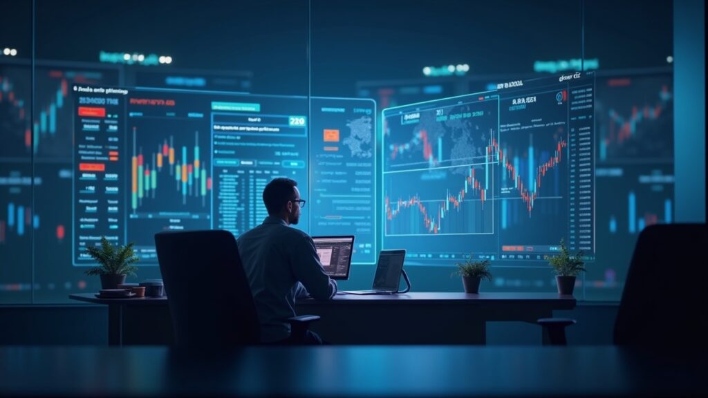 DeepSeek AI forecasts XRP, Solana and Cardano prices through end-2026 Photorealistic newsroom scene with a data analyst and holographic panels showing XRP, SOL, and ADA price bands to end-2026.