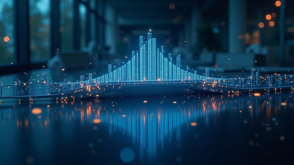 Photorealistic desk with a glowing bridge linking Deutsche Börse and Kraken logos, symbolizing unified digital markets.