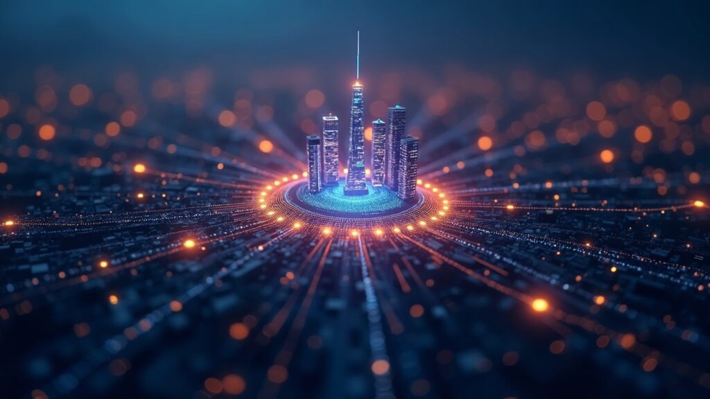 Photorealistic data hub linking a city skyline to glowing Canton Network nodes, signaling fresh funding and adoption.