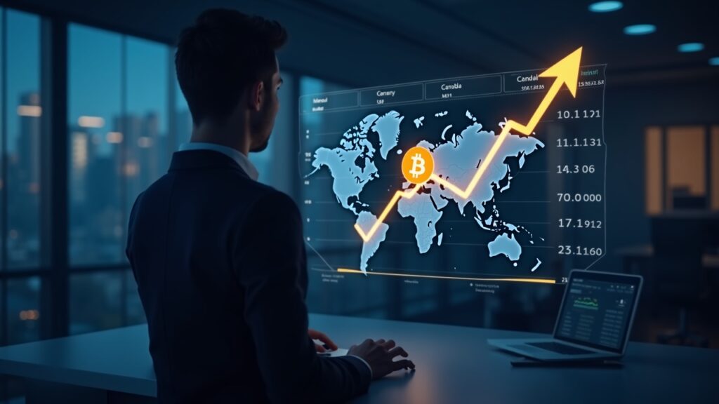 Photorealistic investor in a newsroom with a holographic dashboard showing rising inflows, Bitcoin icon, world map with XRP and Chainlink glow.