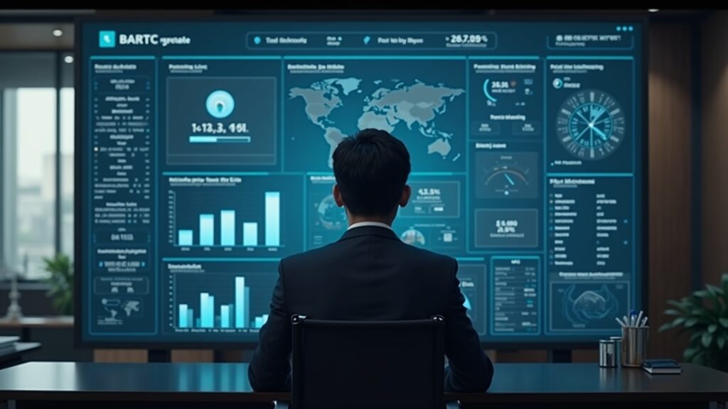 Tokyo Finance Ministry scene: minister reviews a digital dashboard on tax breaks and subsidies with a subtle Doge symbol.