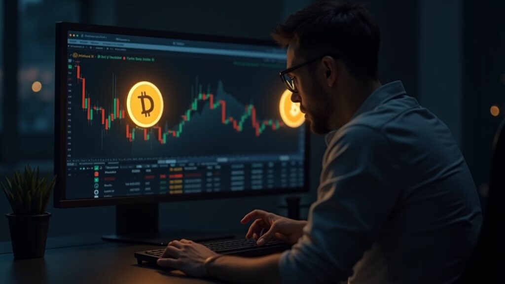 Dogecoin Defends $0.1372 As Investors Pare Risk Following Fed Cut Photorealistic trader at a sleek desk with glowing Dogecoin and Bitcoin icons, a downward chart and subtle data-feed glow.