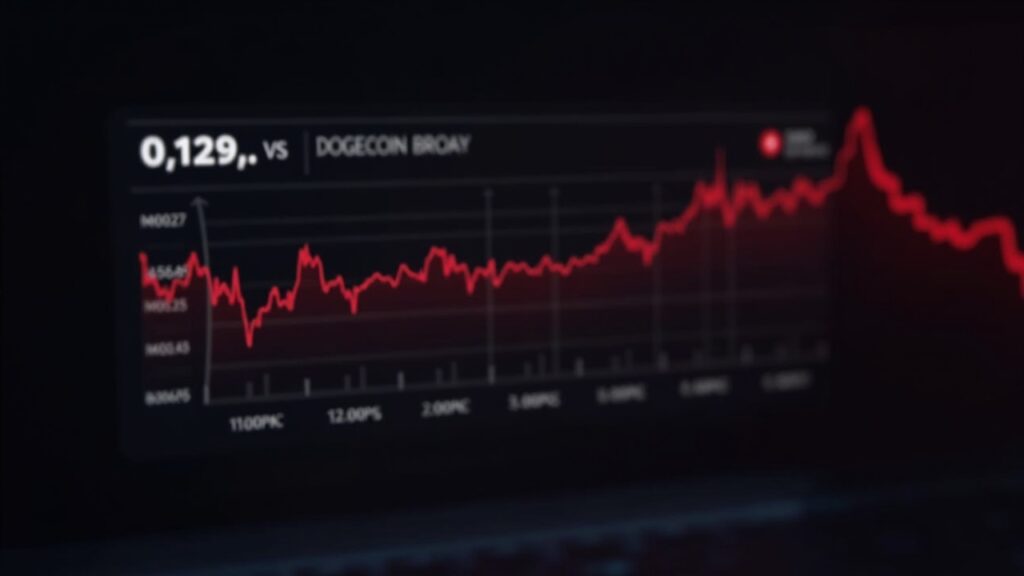 Photorealistic newsroom scene featuring a Dogecoin coin, red candles, and a volume spike signaling bearish breakdown.