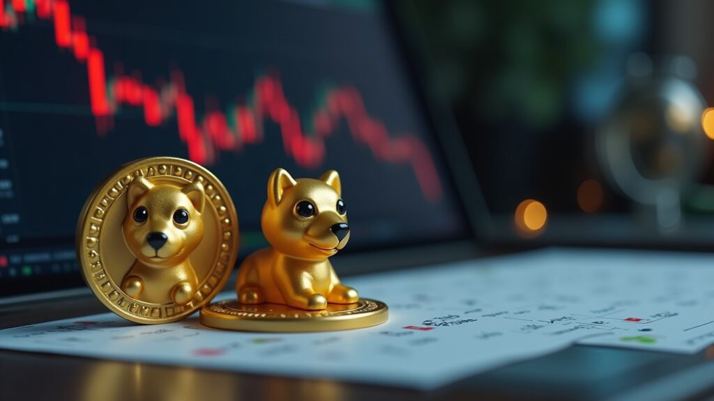 Dogecoin and Shiba Inu prices stagnate amid holiday trading lull Photorealistic market scene with dog-themed coins on a minimalist trading desk, dim order books and holiday lighting.