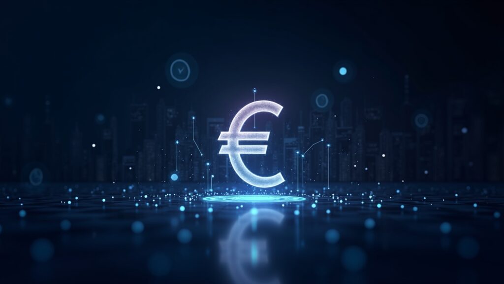 Photorealistic header showing a digital euro symbol linked to a glowing blockchain, bank silhouettes, and a privacy shield.
