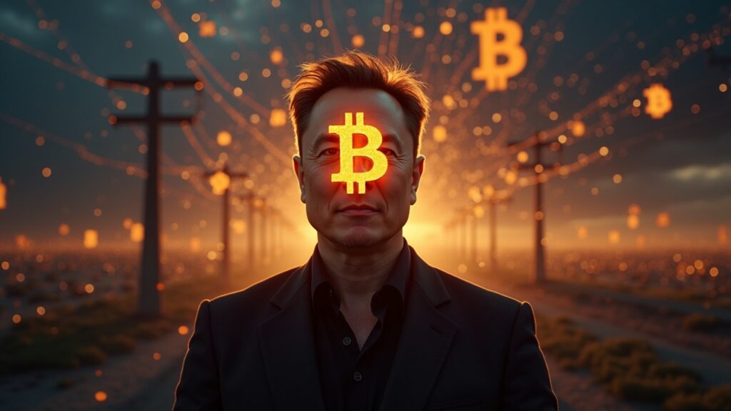 Photorealistic image of Elon Musk with a Bitcoin glow, fiat signs fading, Dogecoin dimming, and energy grid lines with a decentralized blockchain network in the background.