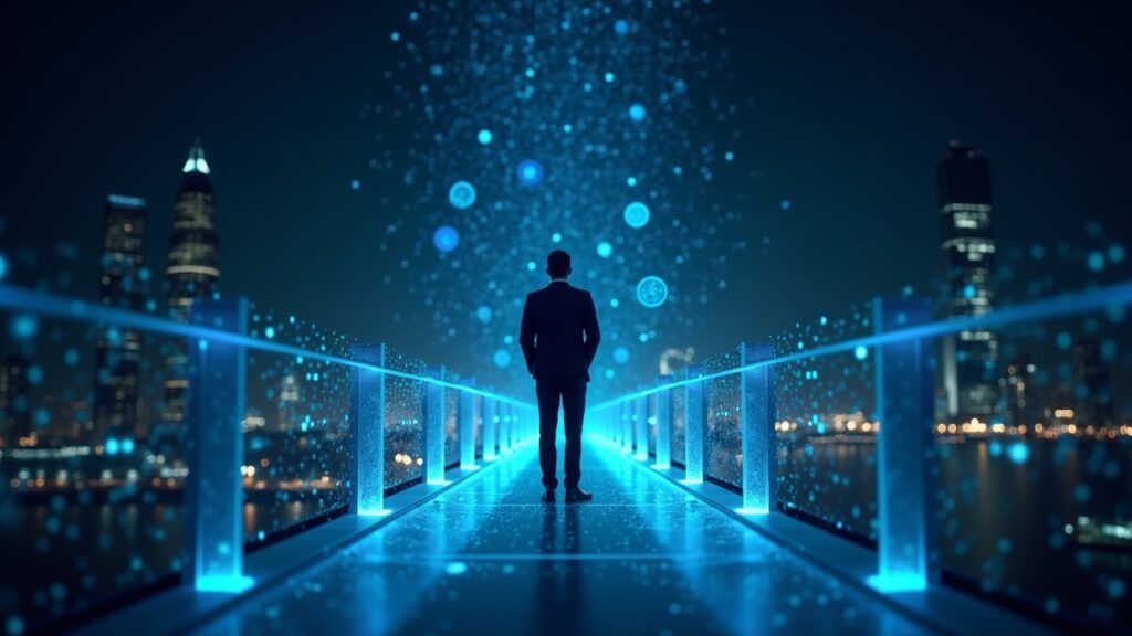 Finance executive at center as a glowing bridge links traditional assets to tokenized markets, with a Tokenet hub.