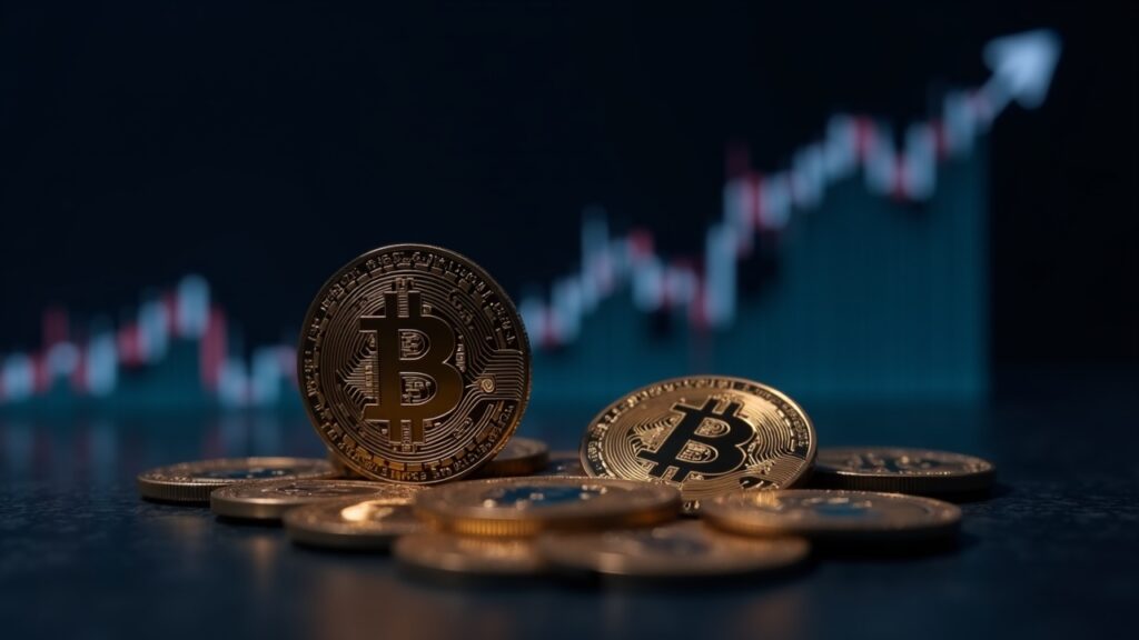 Photorealistic ETH and BTC coins with a chart breaking a five-month downtrend toward an uptrend