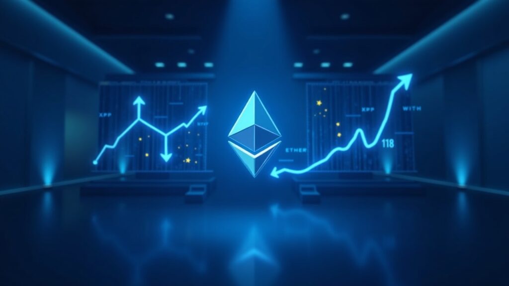 Ether ETFs halt negative streak while XRP achieves record inflows Photorealistic newsroom with Ethereum and XRP logos centered, dual inflow/outflow graphs in blue tech lighting.