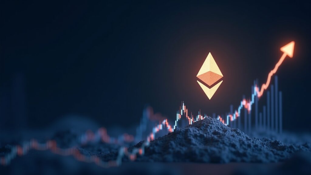 Photorealistic Ethereum logo rising over a digital chart with a 3400 neckline and on-chain cost-basis walls, liquidity glow.