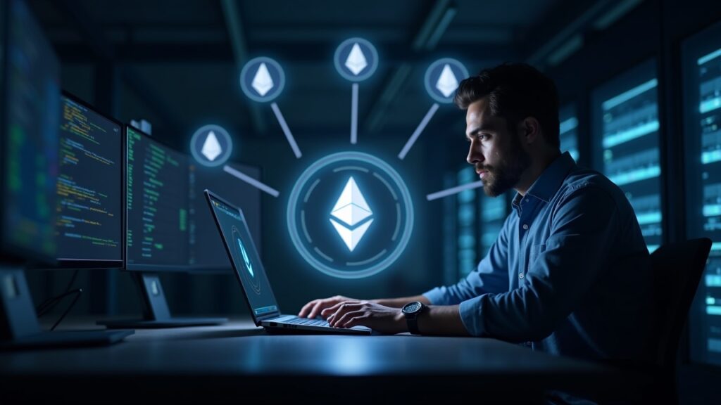 Photorealistic data-center engineer at a console with glowing Ethereum emblem and orbiting client icons after Fusaka upgrade