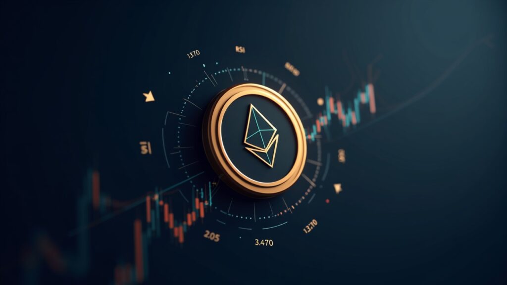 Ethereum coin with rising price chart, RSI divergence, and arrows showing institutional inflows near a $3.470 ceiling.
