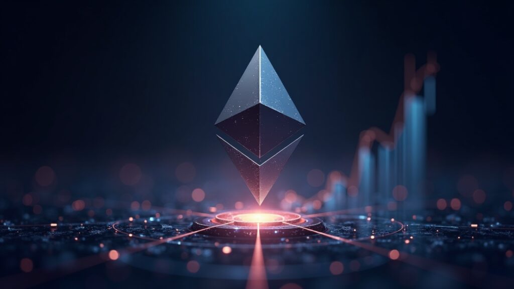 Newsroom-style Ethereum logo rising over a glowing digital network with an upward price chart and Fusaka upgrade motifs.