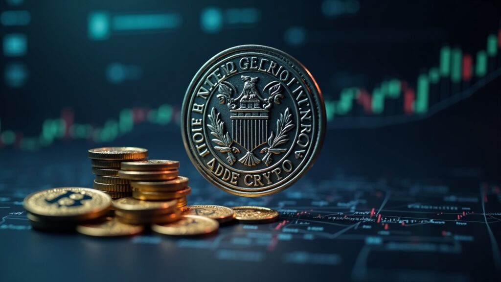 Newsroom scene showing a Fed emblem morphing into digital crypto coins above a liquidity-flow chart.
