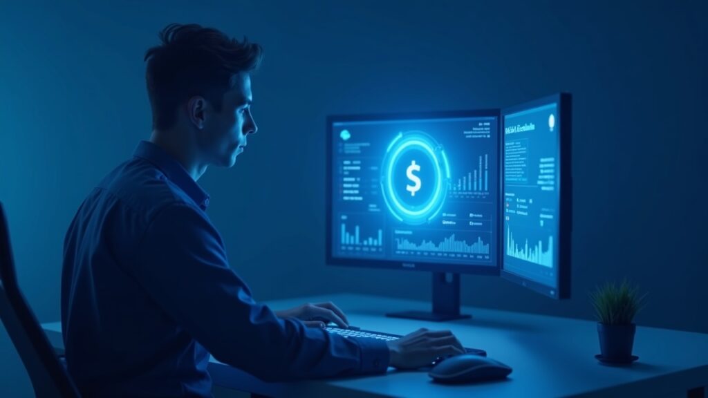 Fintech engineer at a sleek desk with dual monitors showing a USD-stablecoin payments dashboard, holographic logo, and regulatory icons.