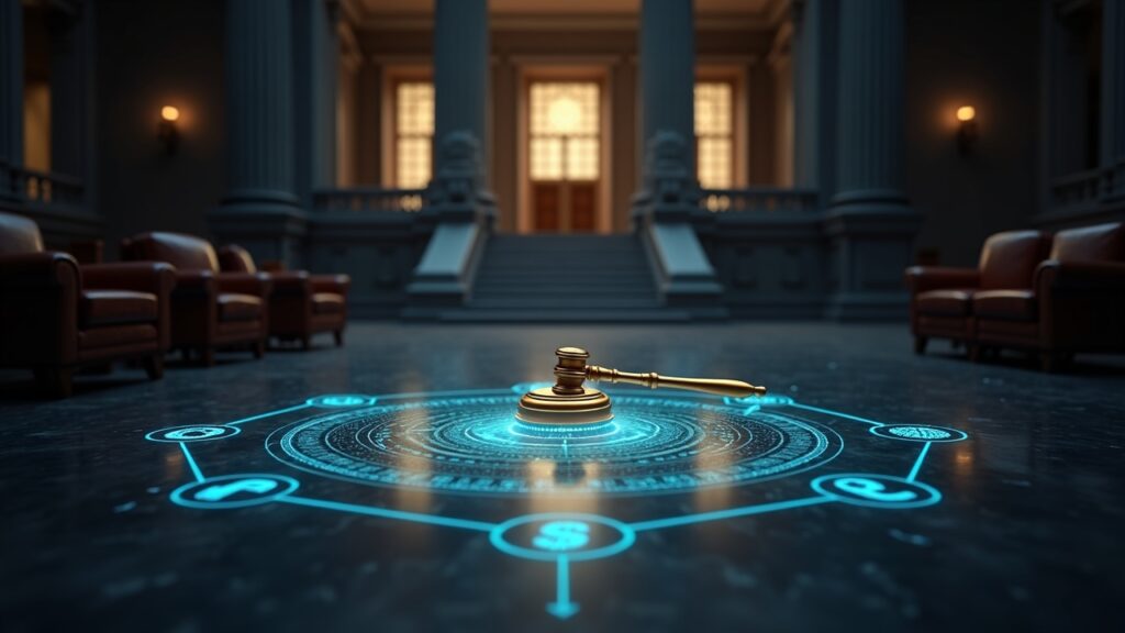 Photorealistic courthouse lobby with a glowing crypto wallet hologram and Dogecoin, Pepe, Solana logos orbiting a prosecutor's gavel.