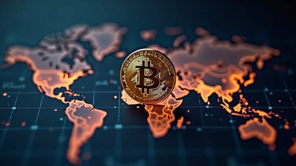 Photoreal Bitcoin coin centered with rising graphs and a world map, illustrating in-kind compounding for institutions.