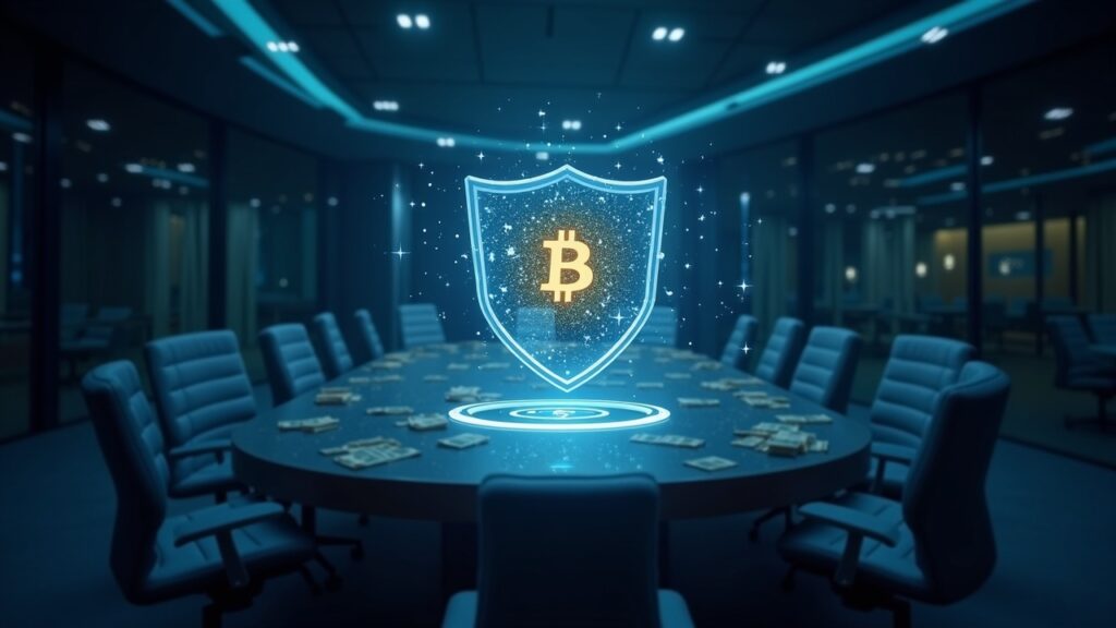 Tom Lee calls MicroStrategy’s $1.44 billion cash reserve a smart defensive move Futuristic boardroom scene with holographic BTC and ETH reserves and a shield-like fiat cash buffer.