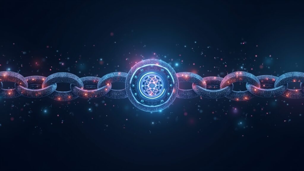 Photorealistic cross-chain DeFi bridge linking two blockchain hubs with a Gleec-inspired emblem