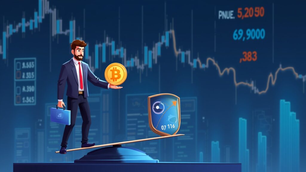 Central journalist balances a Bitcoin token and a decentralization shield, with Wall Street and crypto charts in background.