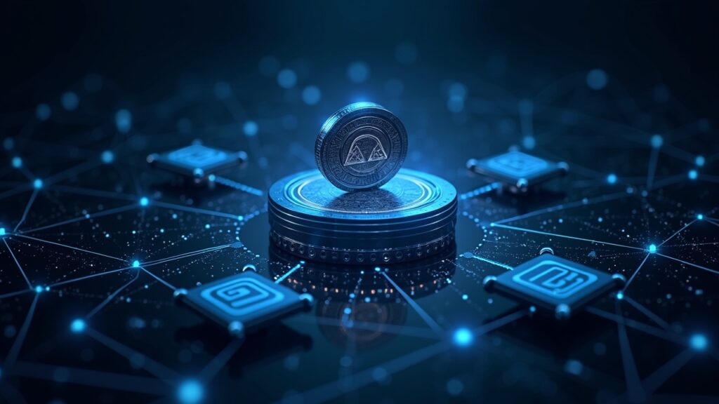 Photorealistic header with a central TAO emblem above a Grayscale trust vault, holographic docs, and a neon neural net grid.