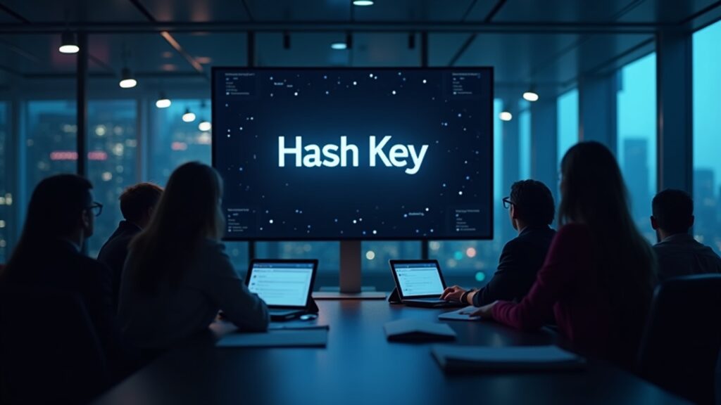 Photorealistic boardroom with HashKey logo on a large screen, signaling institutional crypto funding.