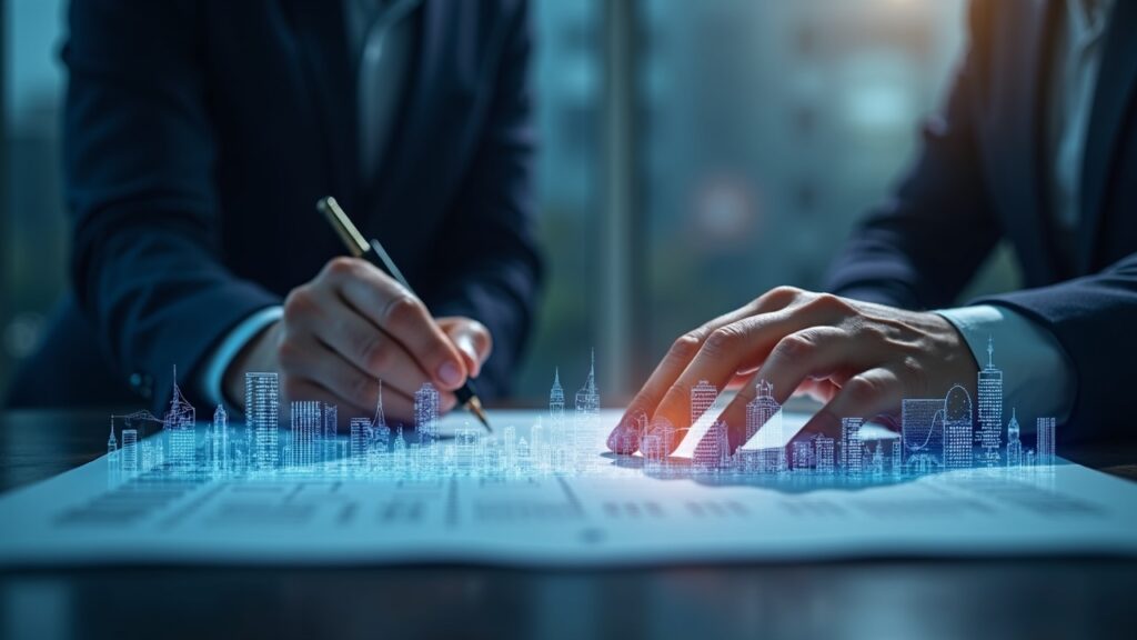 Hedera (HBAR) rises 1.8% to $0.1372 as government adoption momentum builds Photorealistic header: official signs digital MoU with Hedera logo over tokenized real estate and a futuristic skyline.