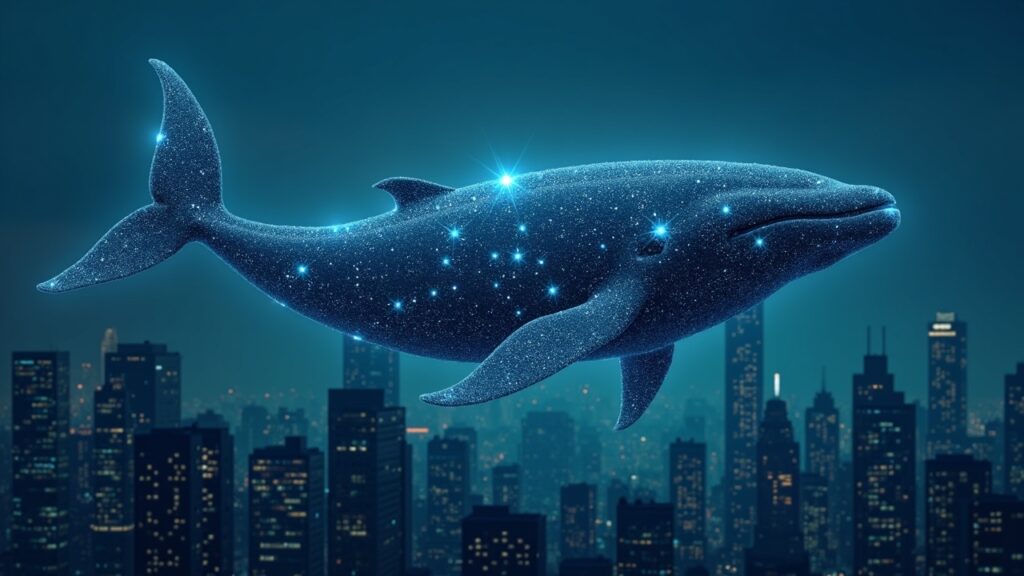 Hedera Whales Acquire 3.4 Billion HBAR Defying the Current Bearish Trend Photorealistic whale made of glowing HBAR nodes swims above a skyline of financial towers with Hedera logo.