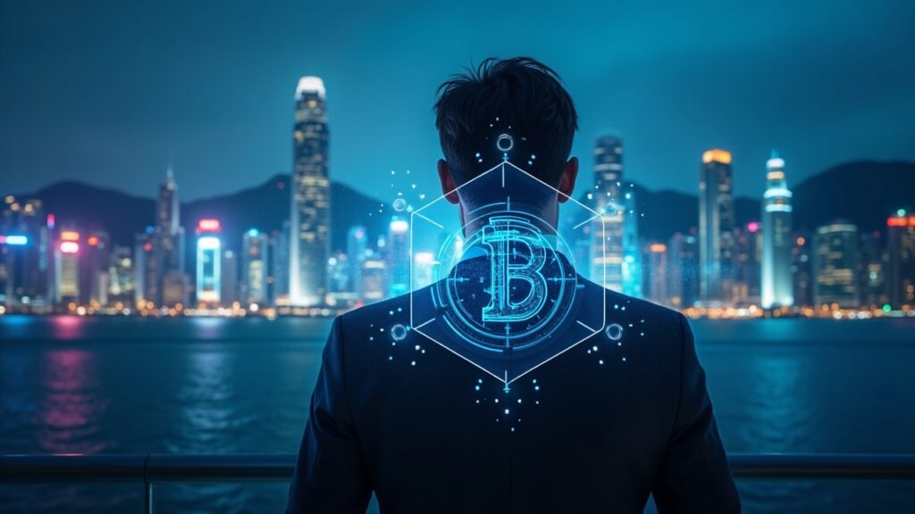 Focused banker with a holographic crypto vault before Hong Kong skyline, symbolizing regulated crypto access for insurers.