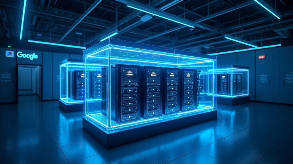 Hut 8 Signs 7 Billion Deal Backed by Google for Data Center Hyperrealistic Hut 8 mining site morphing into a GPU-heavy AI data center with subtle Google branding.