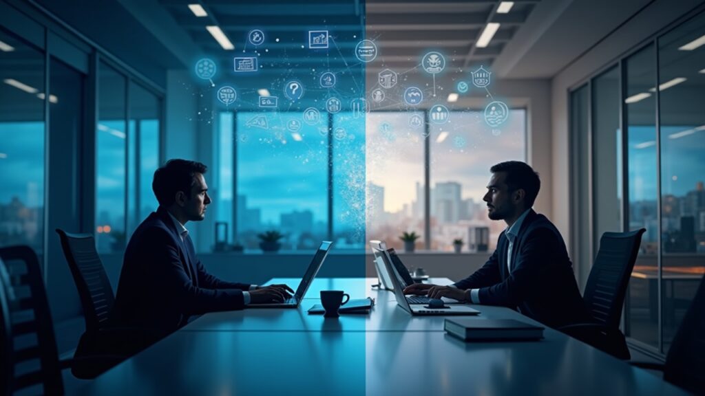 Photorealistic split-screen: institutional traders on left, retail investors on right, with floating tokenized assets and regulatory blueprints above.