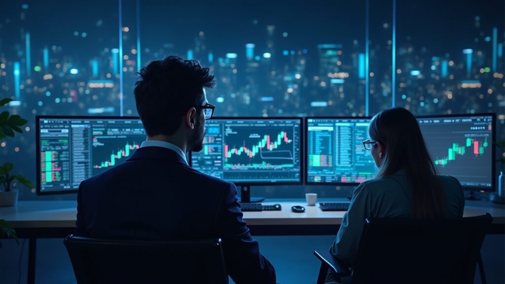 Investigator reviews fake crypto dashboards with AI branding in a neon blockchain newsroom.