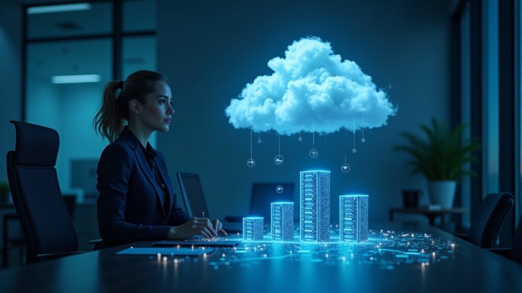 IREN secures 2.3 billion dollars to restructure debt and power its expansion Photorealistic businessperson in a sleek office with holographic AI cloud, GPU racks and a blockchain-style balance sheet.