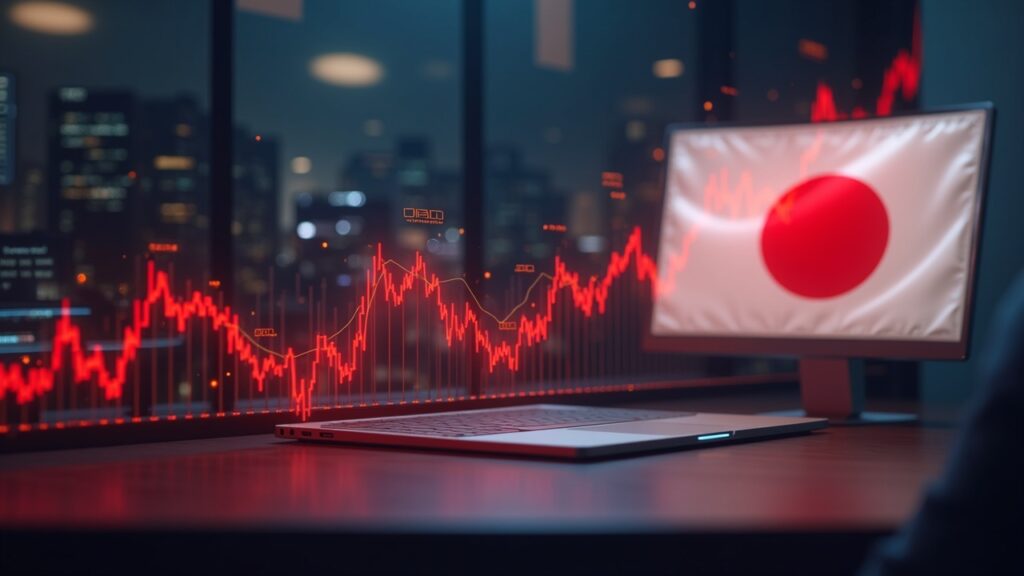 Photorealistic crypto trading desk with a red price crash chart, faint JGB yield line, and a translucent Japan flag.